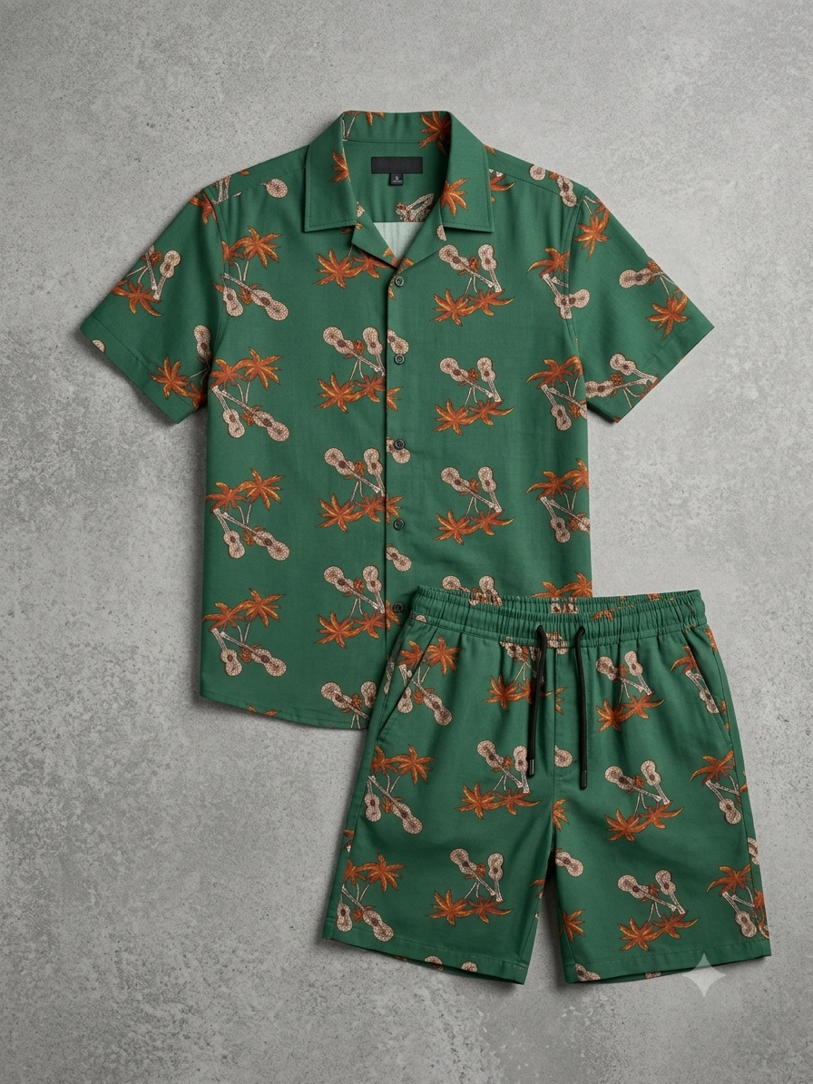 Green Hawaiian Palm & Ukulele Print Linen Shirt & Shorts Set