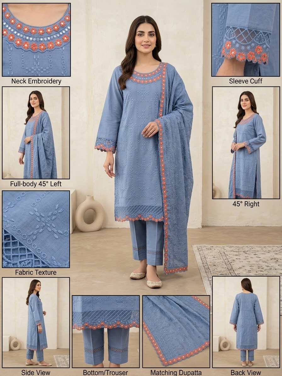 Chic Cornflower Blue 3-Piece Embroidered PV Cotton Suit (Medium Length)