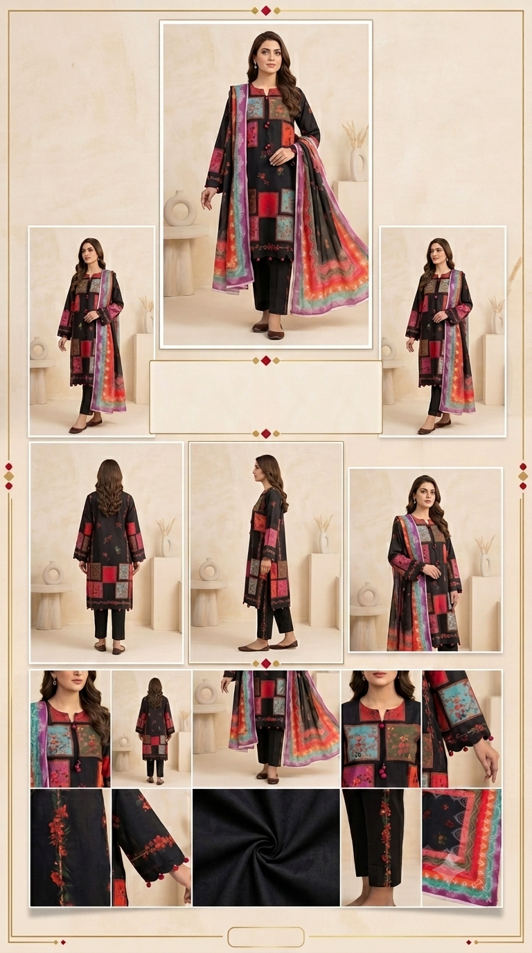 Large Size 3 Piece Swiss Lawn Printed Suit – Shirt, Trouser & Dupatta | Multicolor Patchwork Design