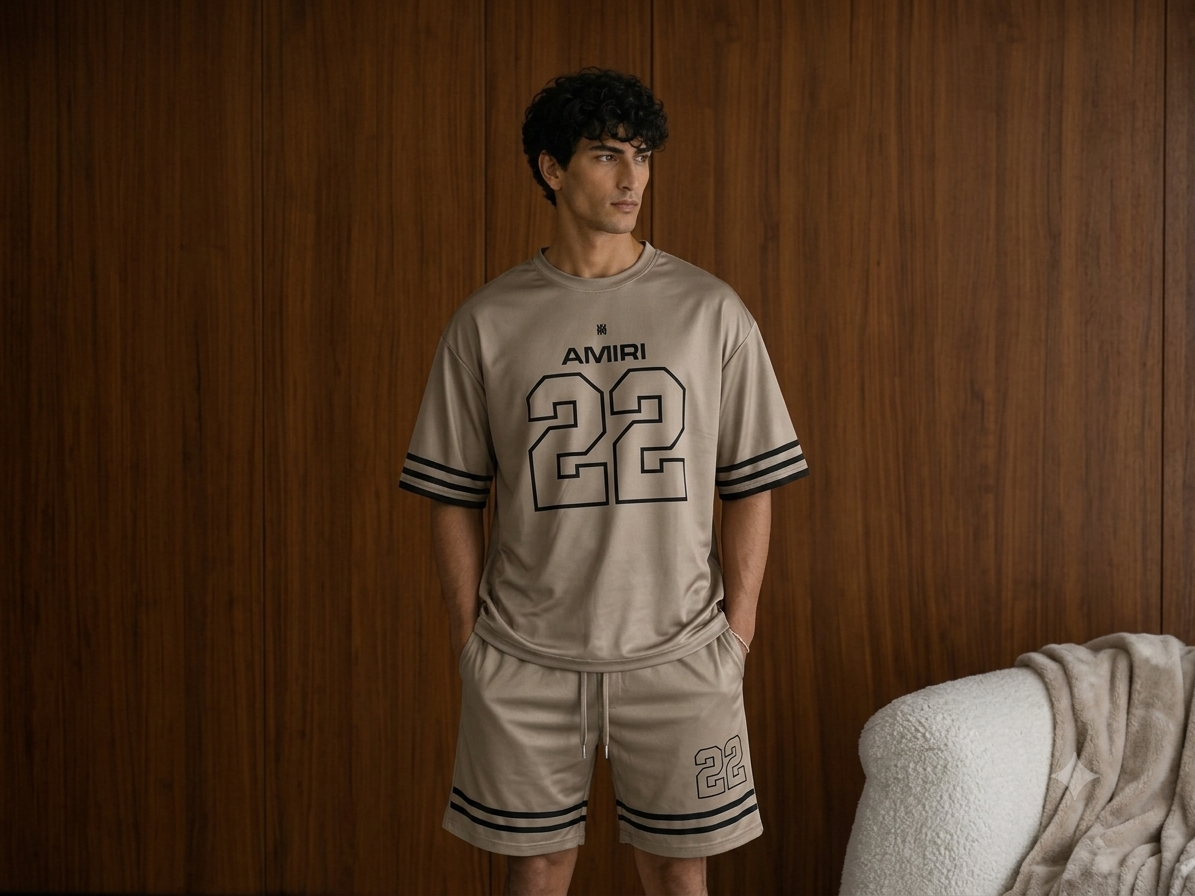 🔥 Amiri '22' Luxury Jersey Co-ord Set Beige Edition - Trending Football Design Waterproof Ultra-Light Shorts & Oversized Tee Combo 🔥