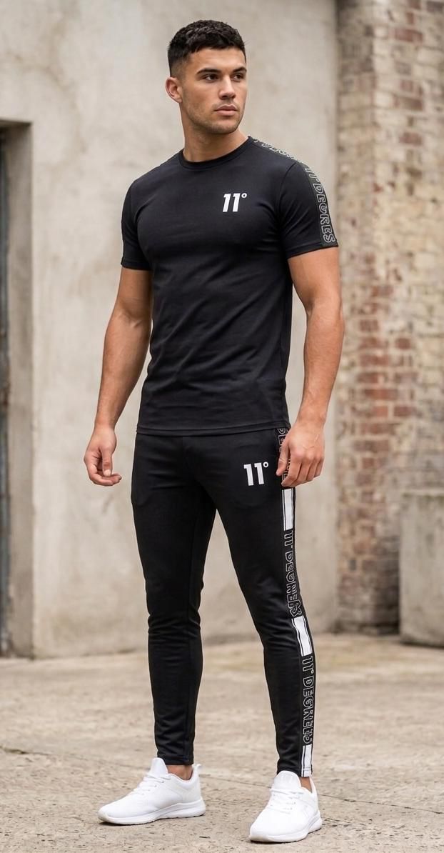 11° Men's Black Performance Track Suit – Premium Slim Fit Gym & Casual Wear (T-Shirt + Track Pant)