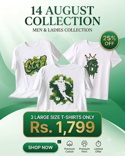 14 August Collection 2026 | 3 Premium Cotton T-Shirts Only Rs. 1,799 | Men & Ladies