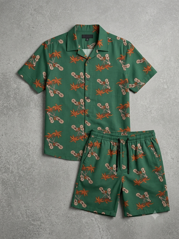 Green Hawaiian Palm & Ukulele Print Linen Shirt & Shorts Set