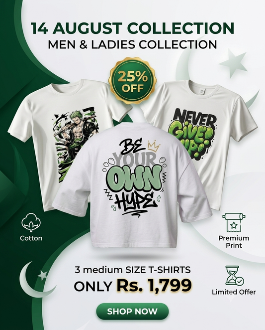 14 August New Arrival | Premium Graphic T-Shirts | 3 Medium Size T-Shirts Only Rs. 1,799