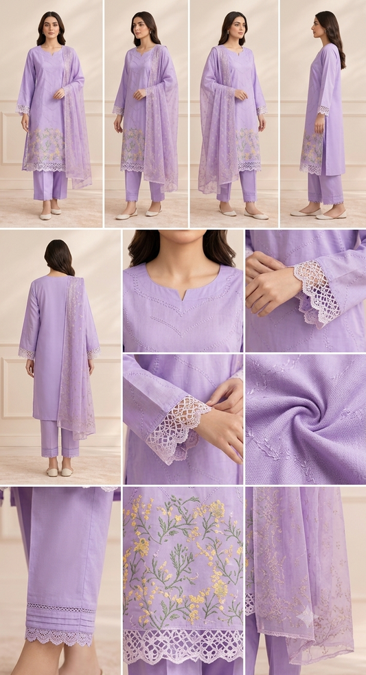 Elegant Lavender 3-Piece Embroidered PV Cotton Suit with Cutwork (Medium Length)