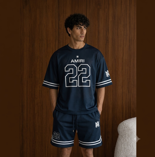🔥 Viral Amiri '22' Athletic Football Jersey Set Navy Blue - Premium Waterproof Thin Fabric Trending Shorts & T-Shirt Streetwear Collection 🔥
