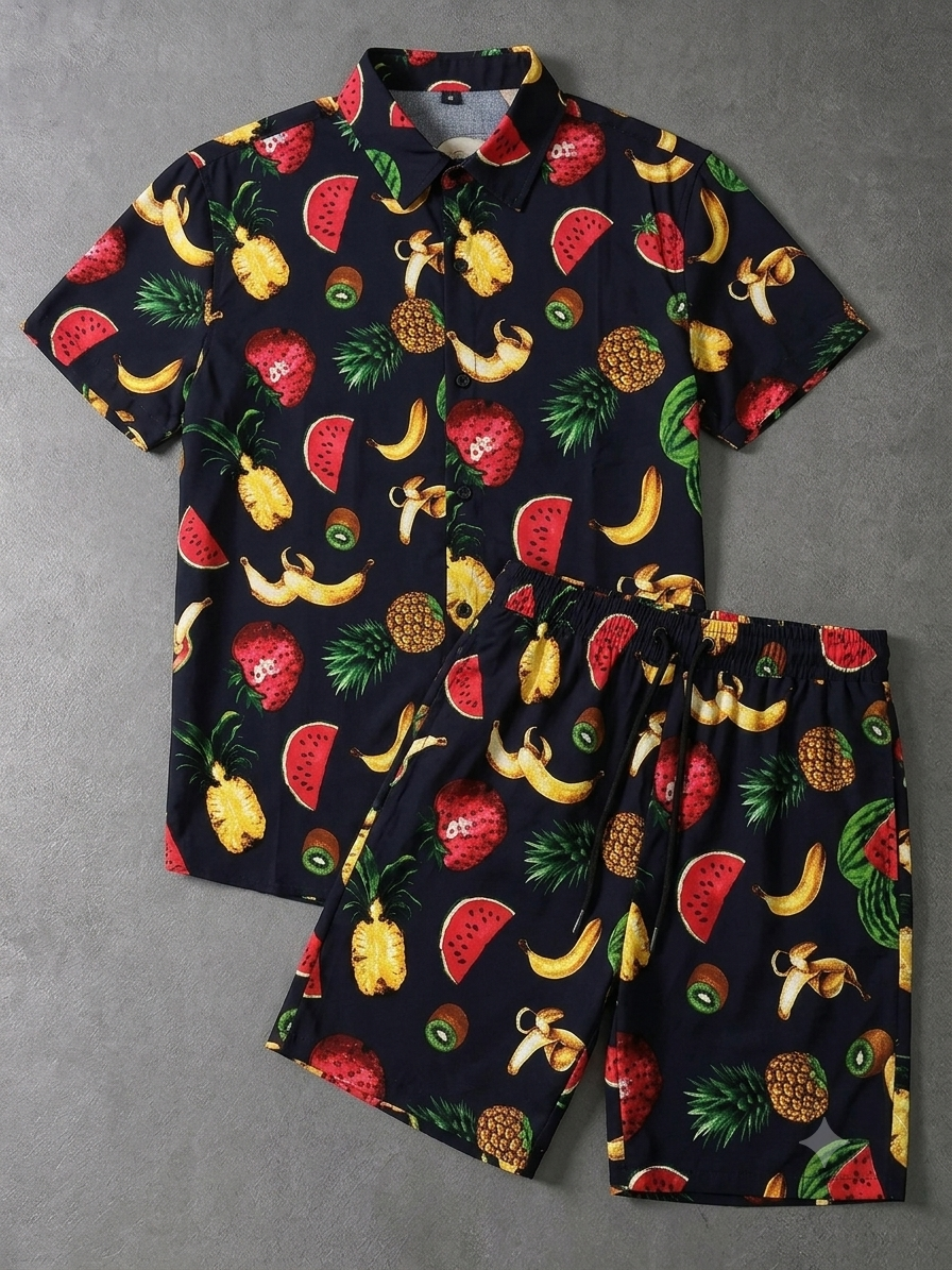 Tropical Fruit Print Black Linen Co-ord Set | Men's Summer Shorts & Shirt