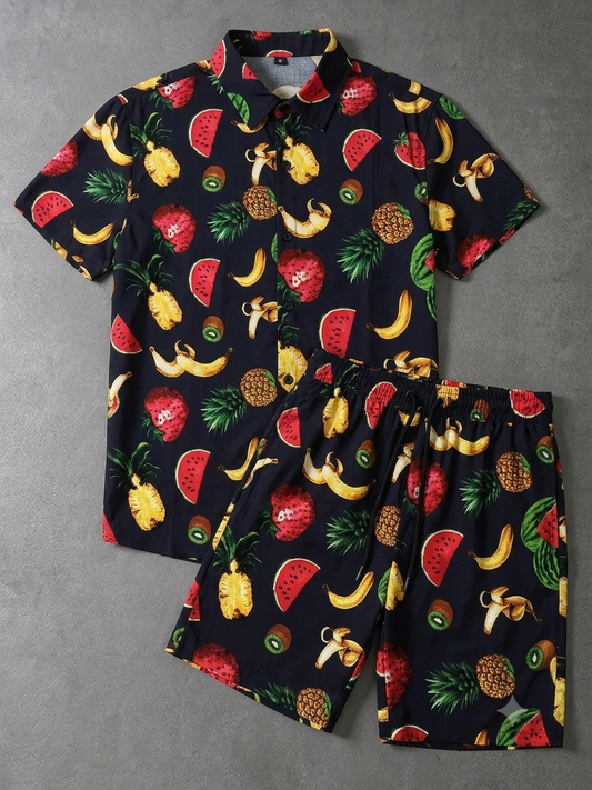 Tropical Fruit Print Black Linen Co-ord Set | Men's Summer Shorts & Shirt