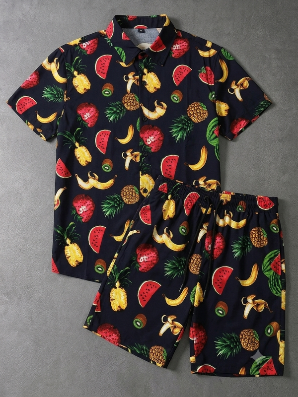 Tropical Fruit Print Black Linen Co-ord Set | Men's Summer Shorts & Shirt