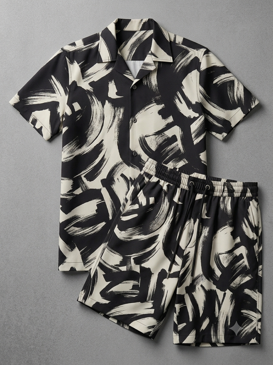 Modern Abstract Brushstroke Linen Co-ord Set | Black & White Summer Fit