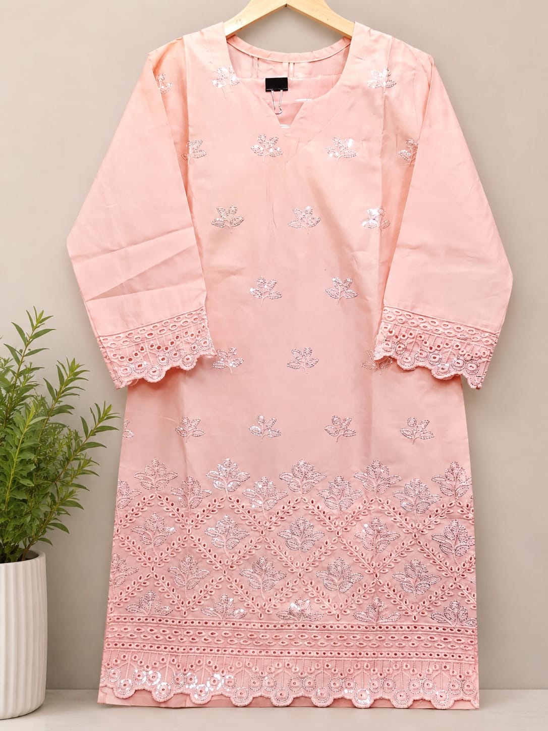 Charming Peach 3-Piece Embroidered PV Cotton Suit (Medium Length)