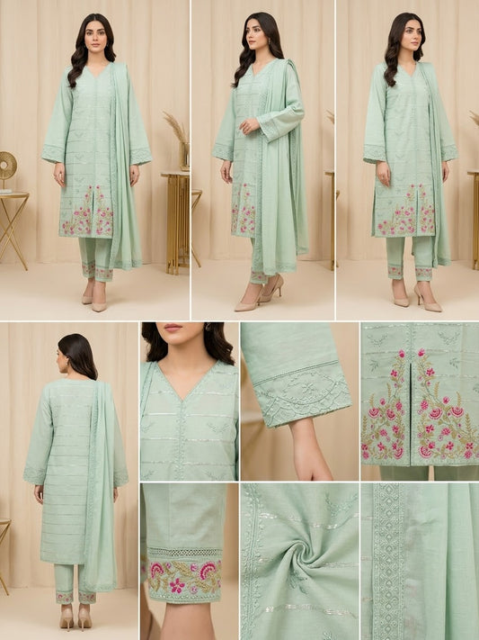 Elegant Mint Green Embroidered PV Cotton Kurti (Medium Length)