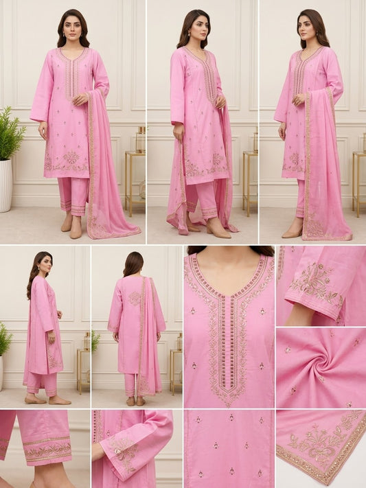 Beautiful Candy Pink Embroidered PV Cotton Kurti (Medium Length)
