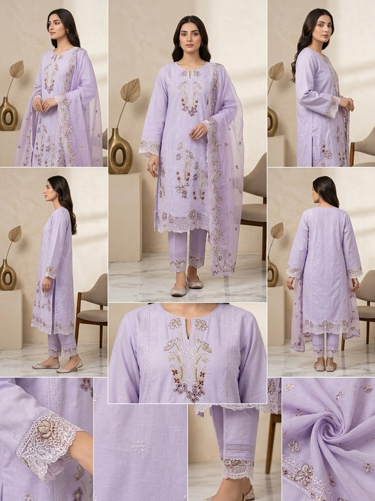 Graceful Lavender 3-Piece Embroidered PV Cotton Suit (Medium Length)