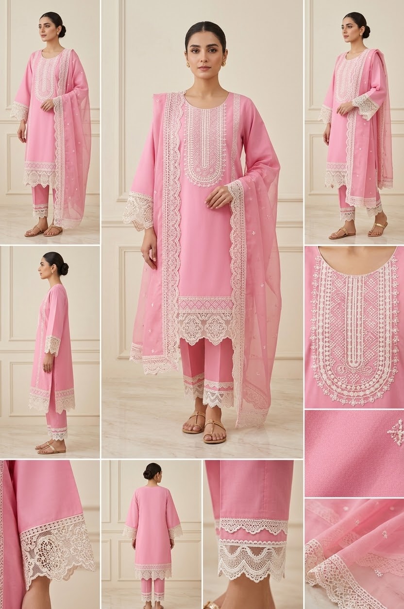 Elegant Rose Pink 3-Piece Embroidered PV Cotton Suit (Medium Length)