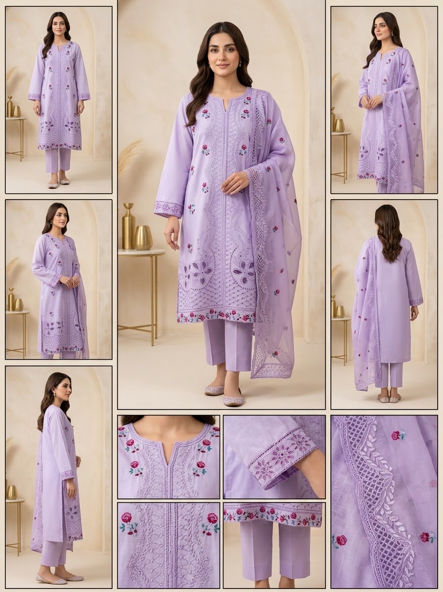 Exquisite Lilac 3-Piece Embroidered PV Cotton Suit (Medium Length)