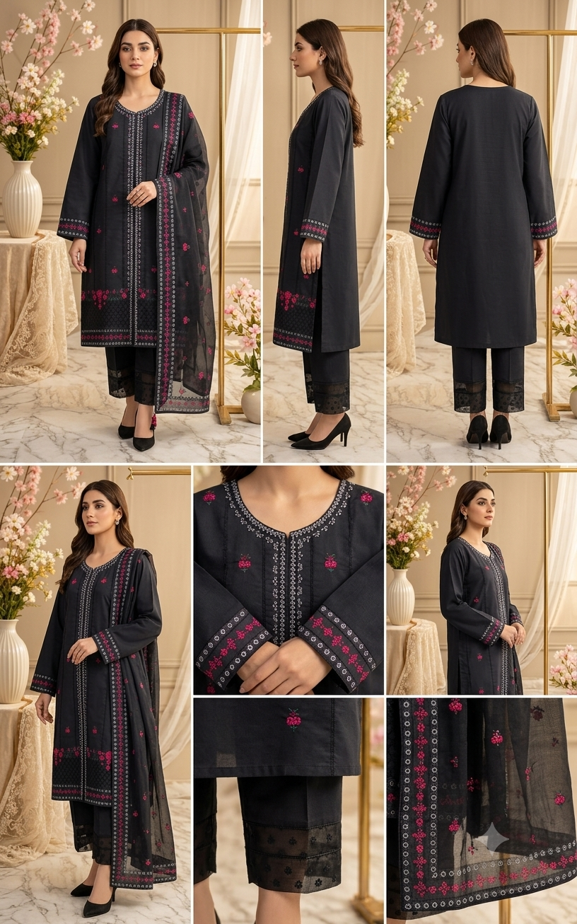 Sophisticated Black 3-Piece Embroidered PV Cotton Suit (Medium Length)