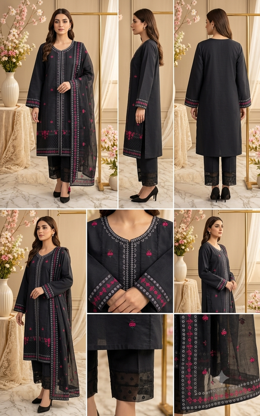 Sophisticated Black 3-Piece Embroidered PV Cotton Suit (Medium Length)