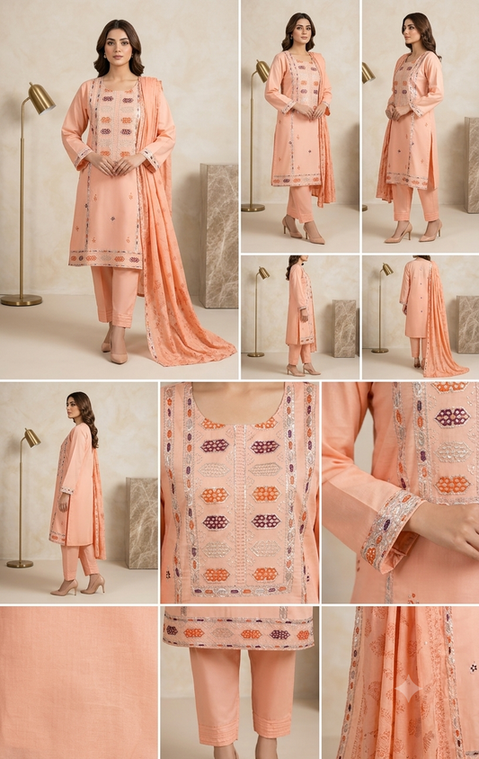 Graceful Peach 3-Piece Embroidered PV Cotton Suit with Mirror-Work Details (Medium Length)