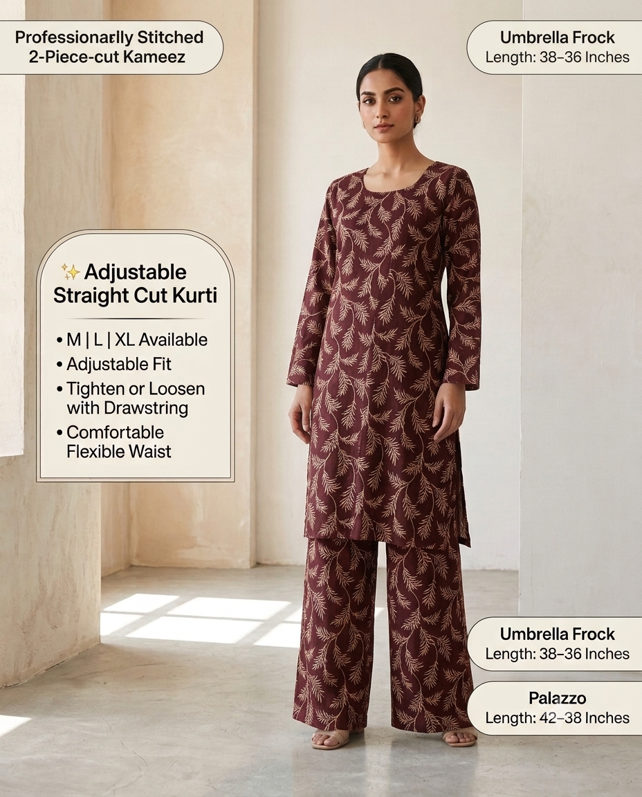 Coffee Brown Printed Lawn 2 Piece Suit – Straight Cut Kurti with Straight Palazzo | Adjustable Drawstring Waist