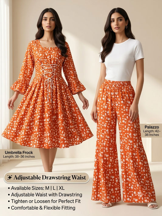 Rust Orange Floral Lawn 2 Piece Suit – Umbrella Frock with Palazzo | Adjustable Drawstring Waist