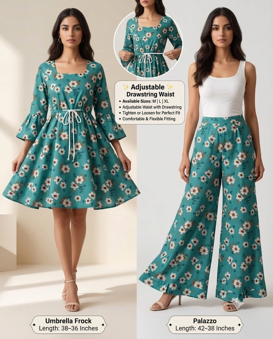 Sea Green Floral Lawn 2 Piece Suit – Umbrella Frock with Palazzo | Adjustable Drawstring Waist