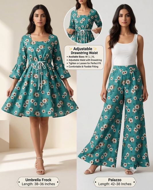 Sea Green Floral Lawn 2 Piece Suit – Umbrella Frock with Palazzo | Adjustable Drawstring Waist