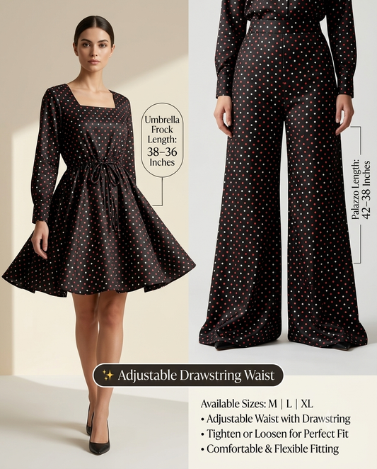 Black Polka Dot Lawn 2 Piece Suit – Umbrella Frock with Palazzo | Adjustable Drawstring Waist