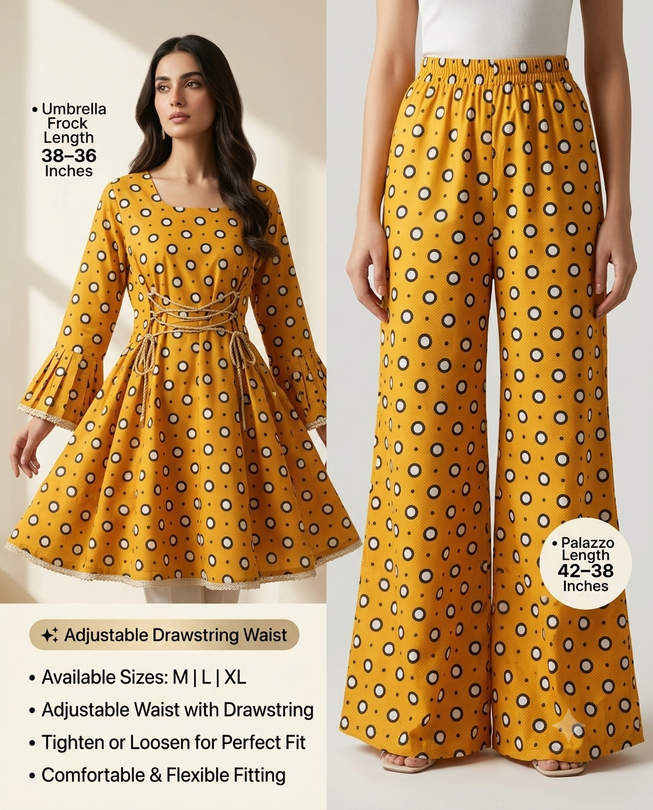 Mustard Yellow Polka Dot Lawn 2 Piece Suit – Umbrella Frock with Palazzo | Adjustable Drawstring Waist