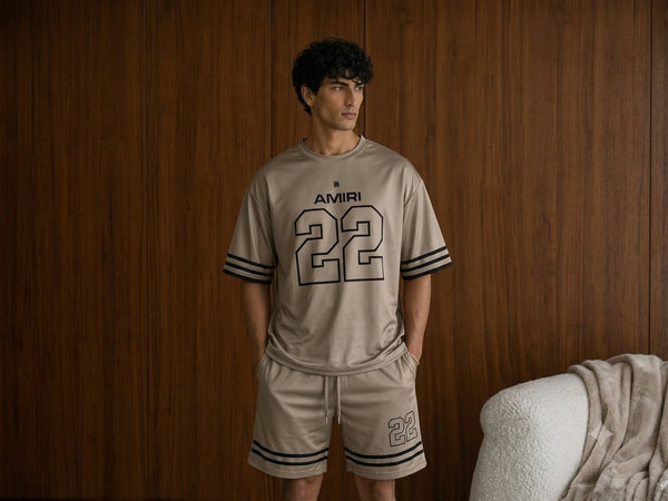 🔥 Amiri '22' Luxury Jersey Co-ord Set Beige Edition - Trending Football Design Waterproof Ultra-Light Shorts & Oversized Tee Combo 🔥