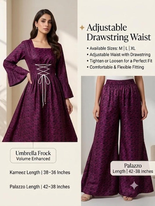 Women's Purple Printed Umbrella Frock with Palazzo – 2 Piece Dress | Adjustable Drawstring Waist