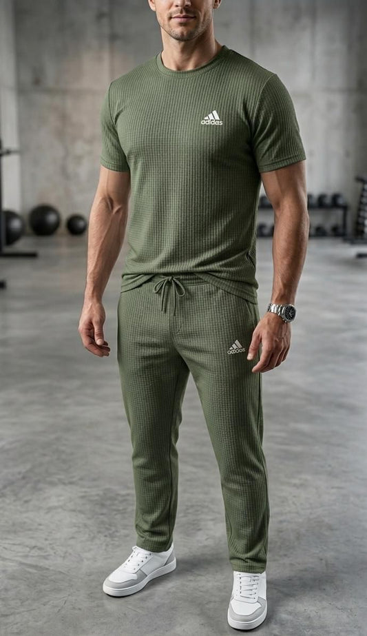 Men's Olive Green Premium Waffle Track Suit – Slim Fit Gym & Casual Wear (T-Shirt + Track Pant)